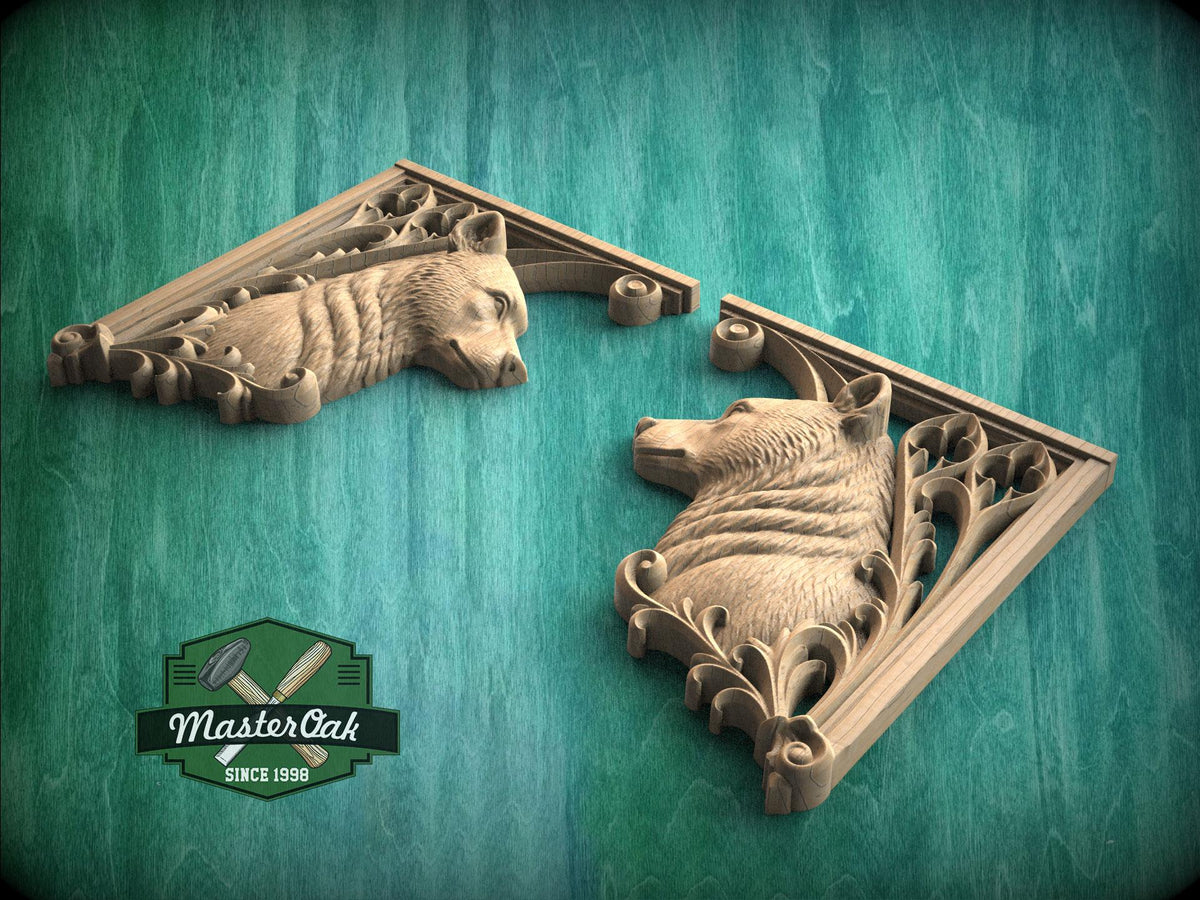 Carved Wood Bear Corner Onlays, Mirrored Pair with Gothic Scrollwork
