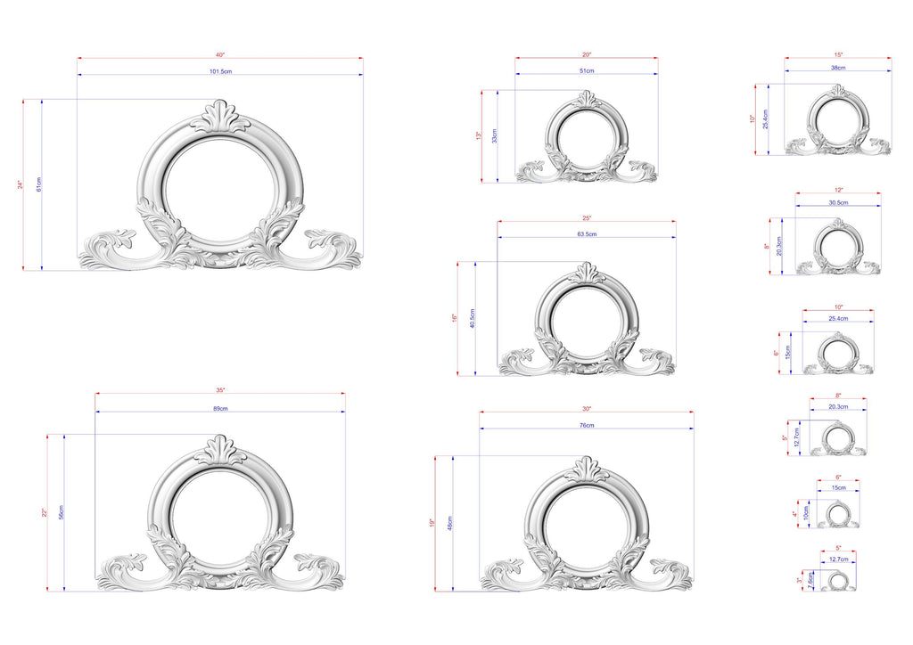 various sizes of ornate, circular frames with intricate designs, likely used for decorative purposes. The frames are depicted in different sizes, ranging from small to large, and feature elaborate, decorative elements. The image does not contain any text or additional objects, and the focus is solely on the frames and their sizes.