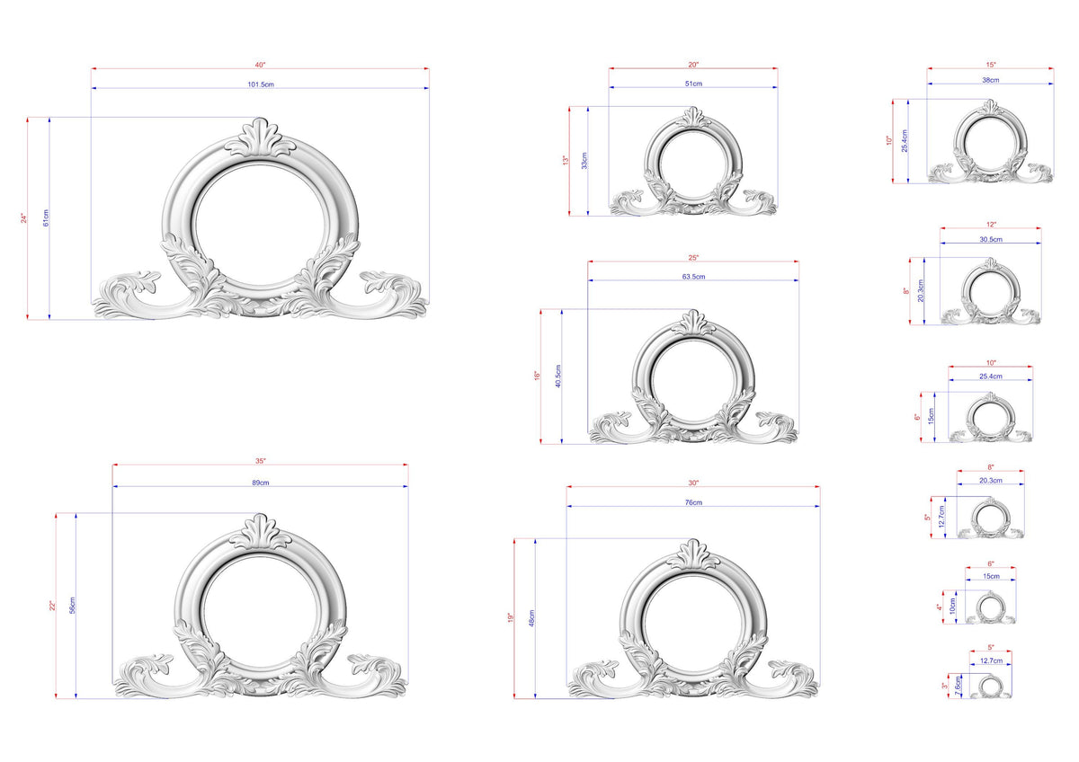 various sizes of ornate, circular frames with intricate designs, likely used for decorative purposes. The frames are depicted in different sizes, ranging from small to large, and feature elaborate, decorative elements. The image does not contain any text or additional objects, and the focus is solely on the frames and their sizes.