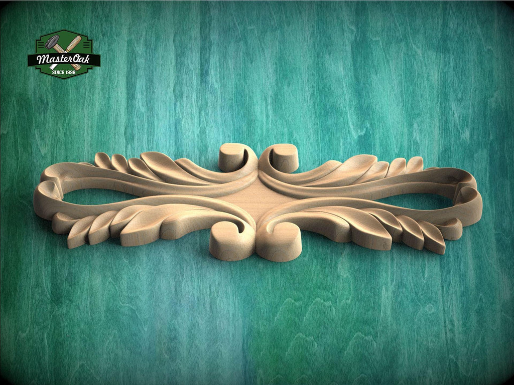 A wooden carving with an intricate, decorative design is displayed against a green background.