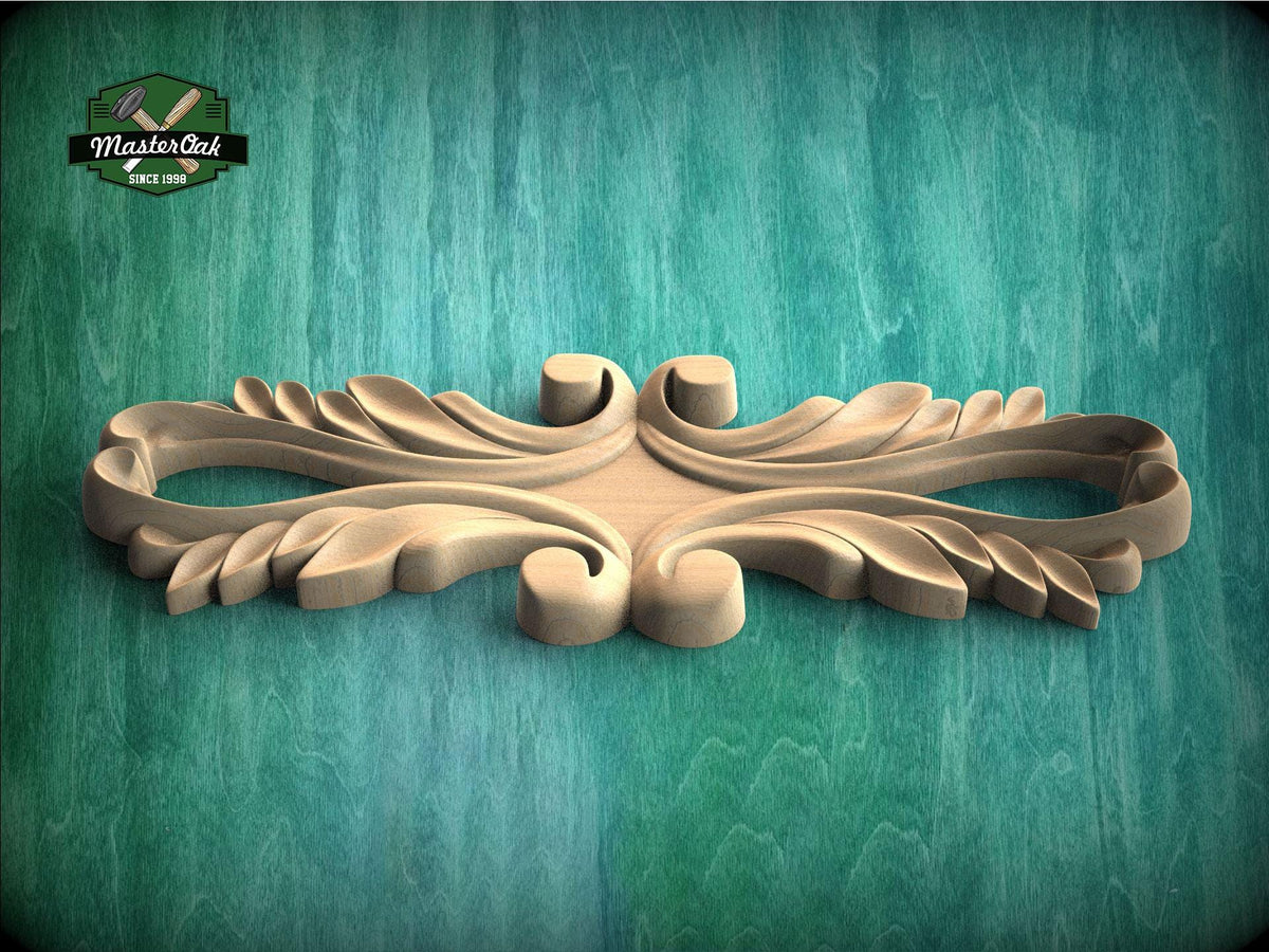 A wooden carving with an intricate, decorative design is displayed against a green background.