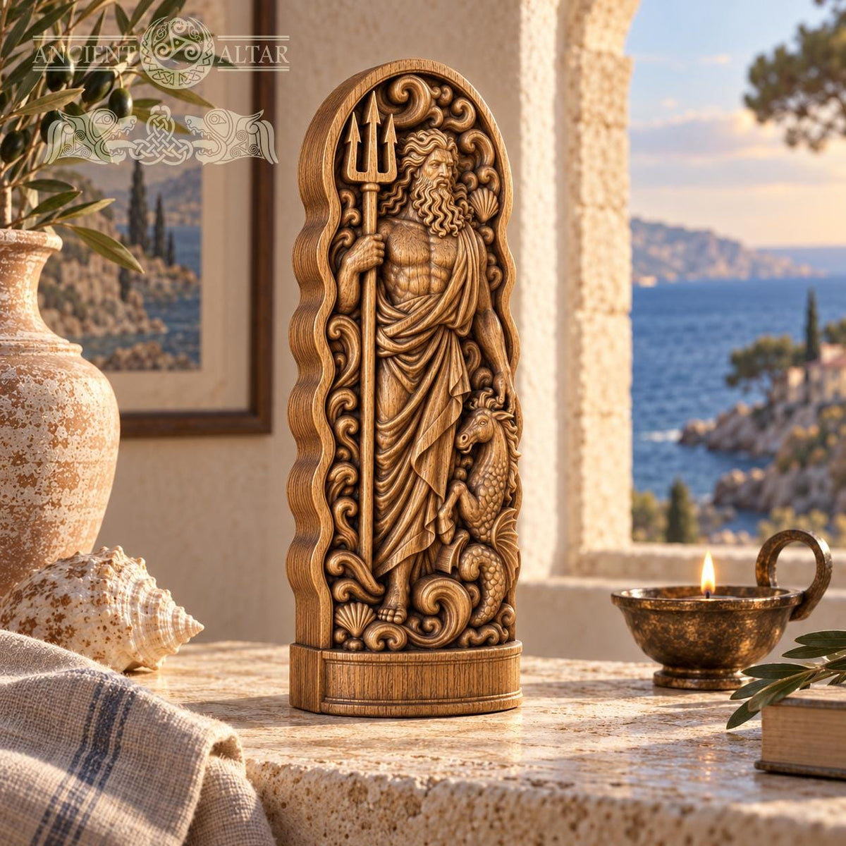Neptune Wooden Statue, Roman Sea God Figurine, Poseidon Sculpture with Trident, Pagan Altar Decor, Ancient Mythology Gift