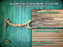 Load image into Gallery viewer, The image is a promotional advertisement for a product, specifically a wooden sample. It features a close-up of the product, a finger-jointed sample, and a multi-toned wood sample. The text on the image provides information about the product, including that it allows you to save money if you are going to paint the product, and that the product texture and color may vary from the sample shown. The image also mentions that adjacent pieces have different shades.

