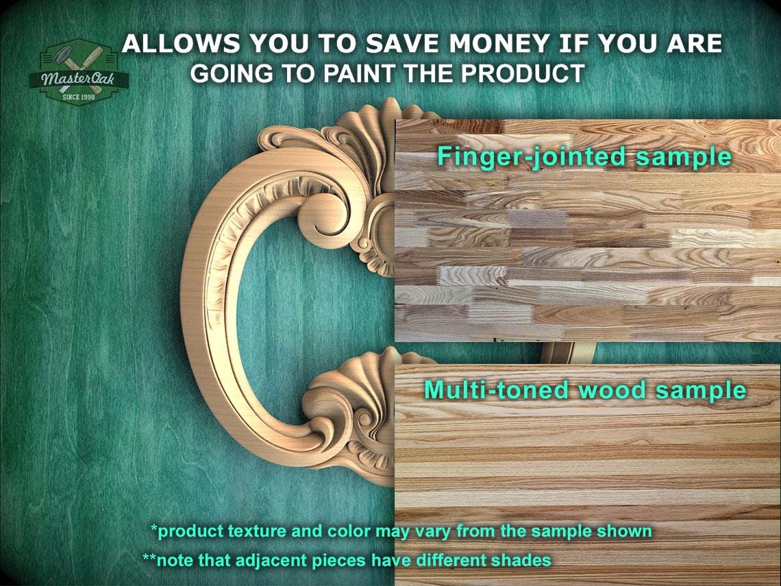 The image is a promotional advertisement for Master Oak Paint, showcasing different samples of their paint. It features a wooden frame with a carved design and a wooden plank with a finger-jointed sample. The text highlights the paint's ability to save money by painting the product, and it mentions that the product texture and color may vary from the sample shown. The ad also notes that adjacent pieces have different shades.