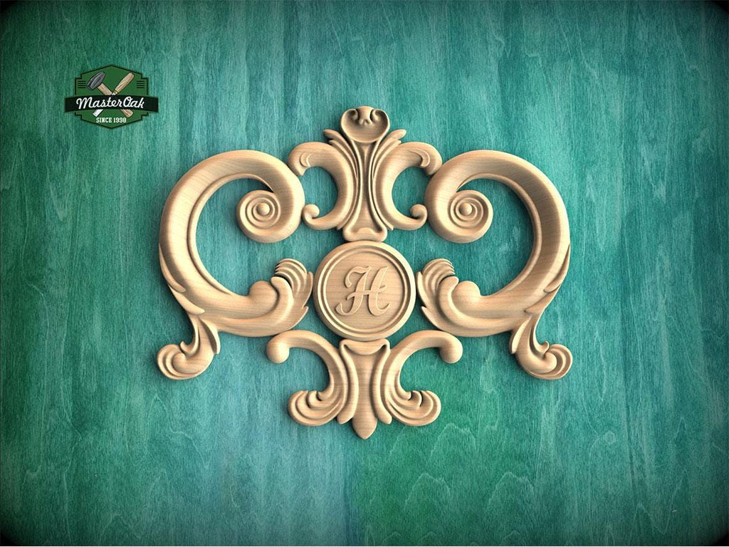 Personalized Regal Elegance: Ornamental Wooden Crest Applique, 1pc, Unpainted, Decorative Wood Trim, Wood Carved Applique Onlay