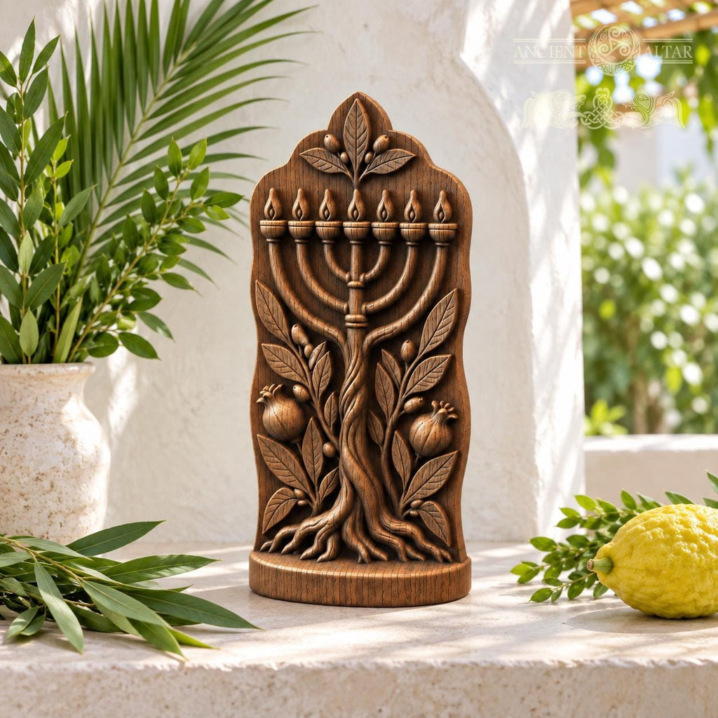 Tree of Life Menorah Sculpture, Solid Oak Judaica with Pomegranates and Olive Branches, Jewish Home Decor, Housewarming Gift