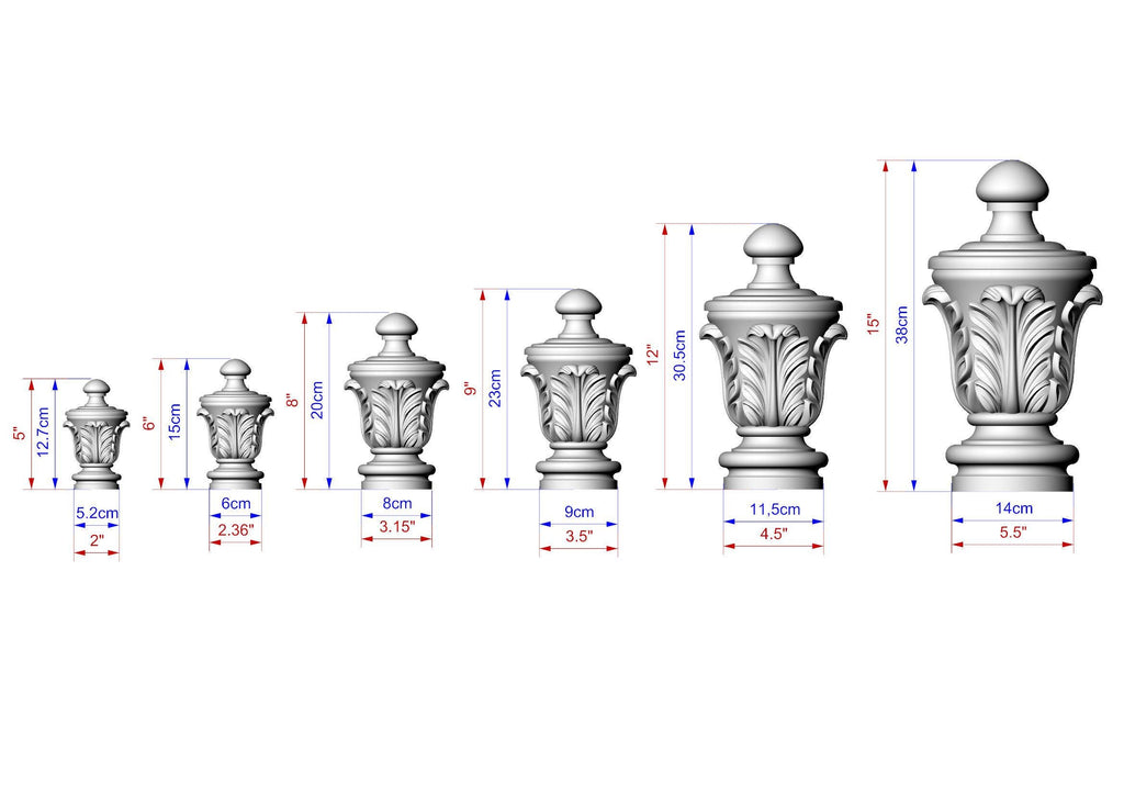 Unpainted Hardwood Finial with Acanthus Leaves, Newel Post Cap