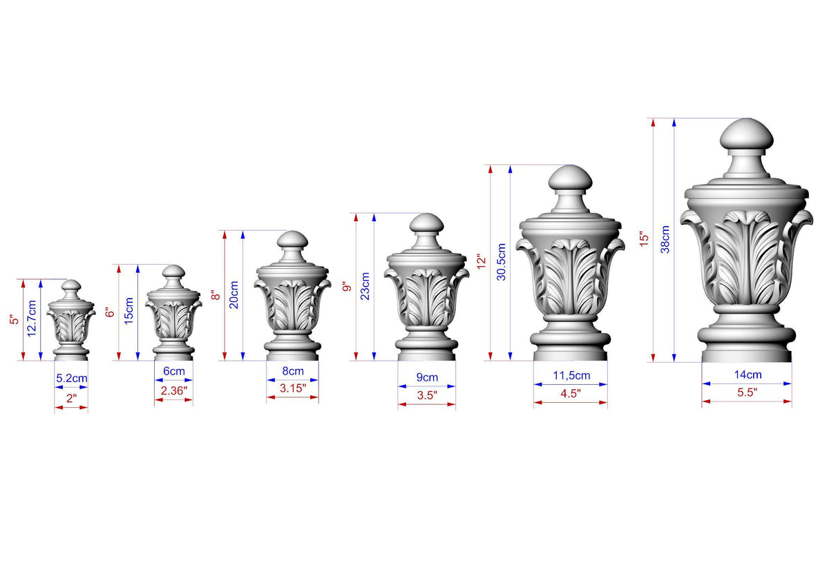 Unpainted Hardwood Finial with Acanthus Leaves, Newel Post Cap