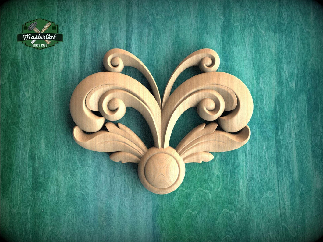 a decorative wooden carving on a green background.