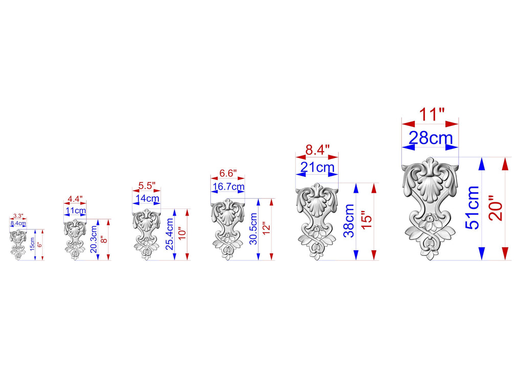 A series of images depicting various sizes of ornate metal sculptures or carvings, each with its own unique design and measurements.