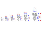 A series of images depicting various sizes of ornate metal sculptures or carvings, each with its own unique design and measurements.