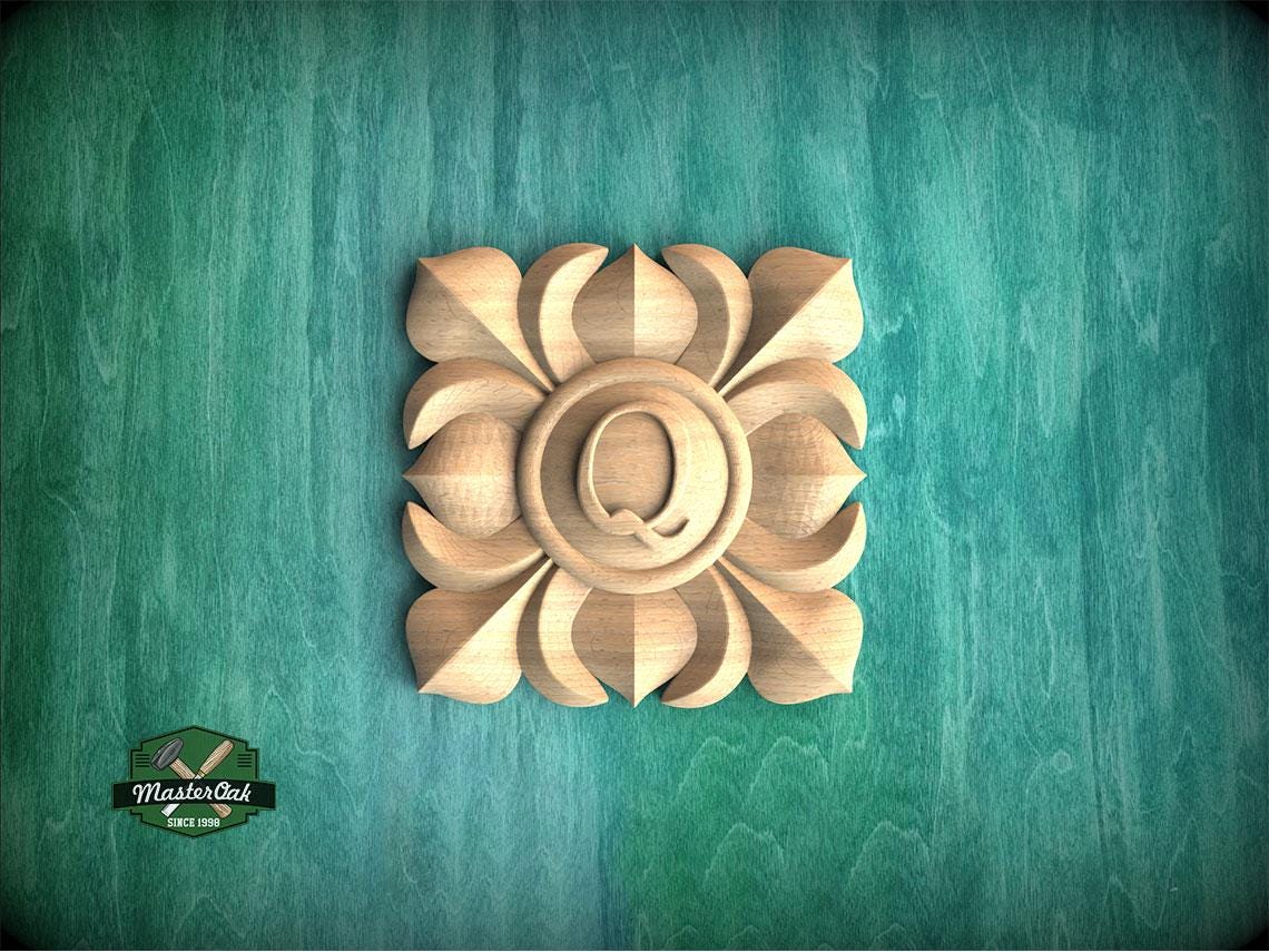 Personalized Square Carved Wood Rosette, Interior Design Element – Carved Adornment, 1 piece, Unpainted, Home Wall Embellishments