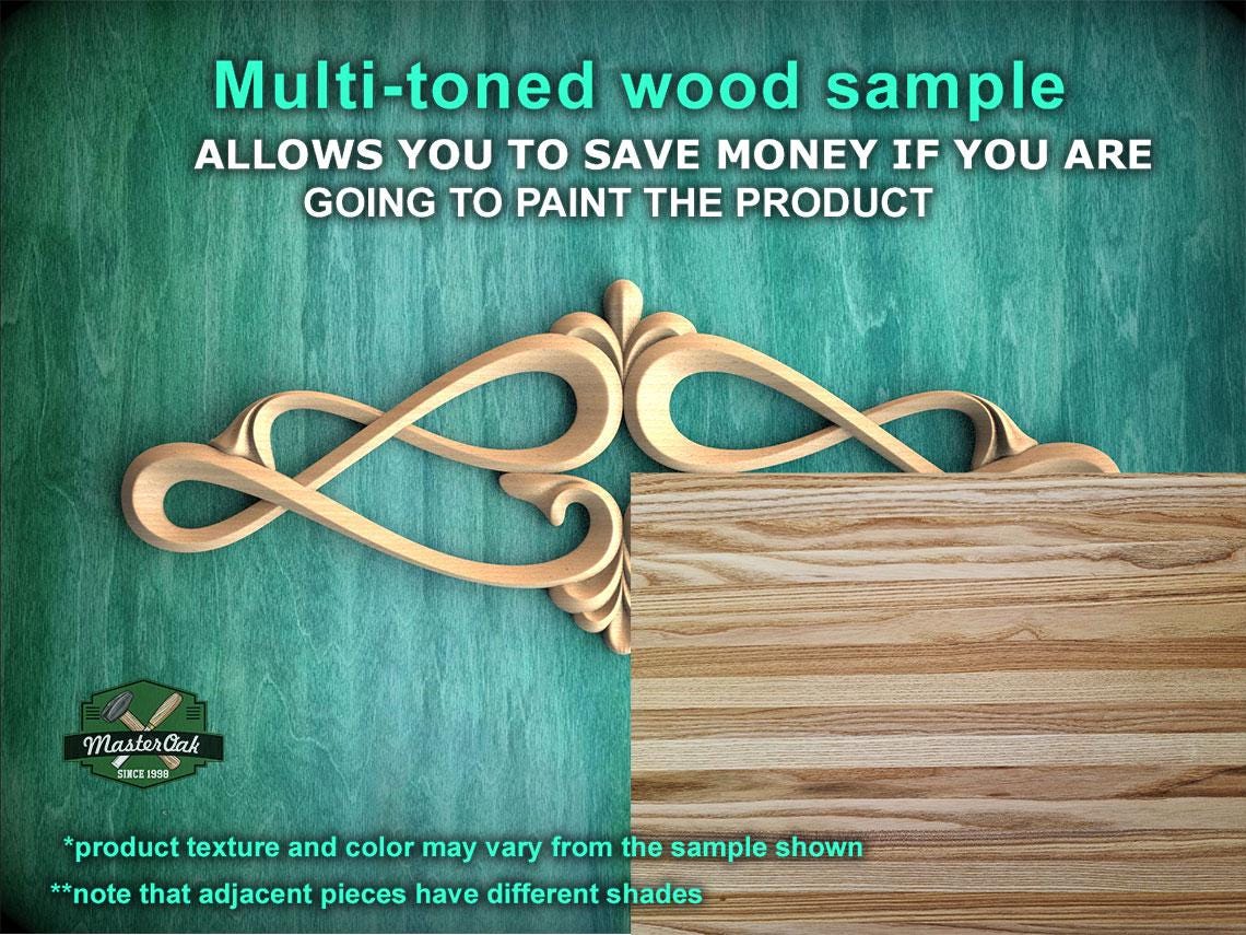 The image is a promotional image for a multi-toned wood sample, showing a wooden piece and a wooden board against a teal background. The text on the image encourages saving money by painting the product, and it mentions that the product texture and color may vary from the sample shown.
