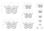 a collection of nine butterfly-shaped designs, each with its own unique size and scale. The butterflies are depicted in various sizes, ranging from small to large, and are shown in different positions, such as upside down and sideways. The image provides detailed measurements and scale for each butterfly, allowing for a clear understanding of the design's dimensions.