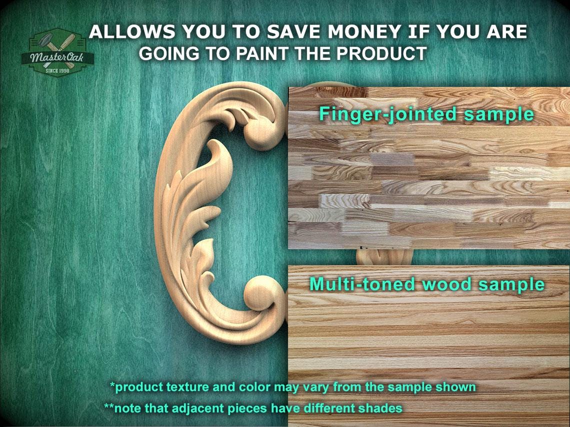 The image is a promotional advertisement for Master Oak, a company that sells wood products. It features a wooden carving of a leaf and a wooden sample of a multi-toned wood sample. The text on the image encourages viewers to save money by painting the product, highlighting the differences between the product texture and color and the sample shown.