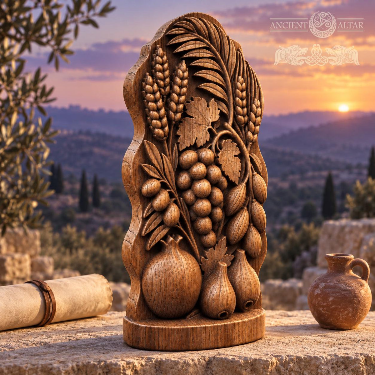 Seven Species Oak Wood Sculpture, Grapes Pomegranate and Fig Relief, Botanical Judaica Decor, Jewish Housewarming Gift