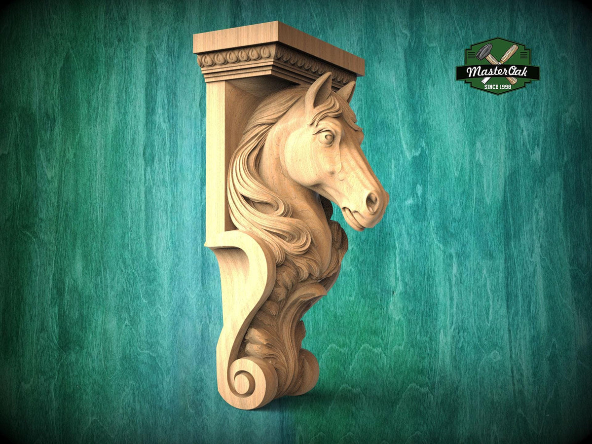 A wooden carving of a horse's head is displayed against a green background, with a logo for Master Oak visible in the top right corner.