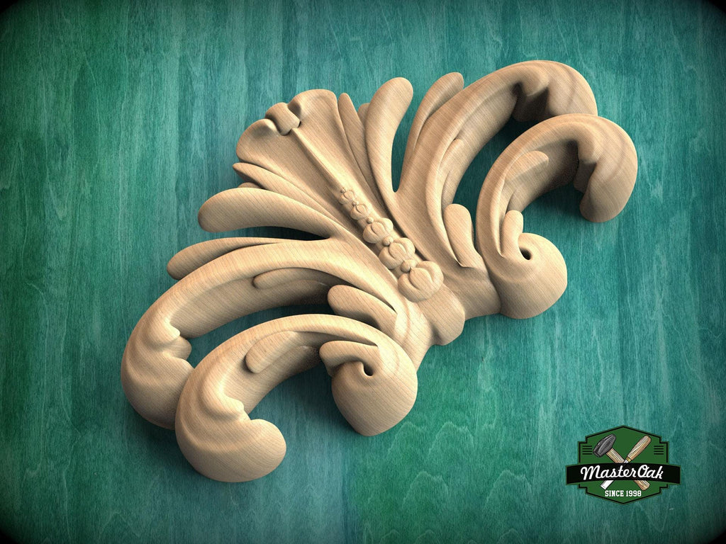 Symmetrical Wood Carved Onlay – Fluid Curves Architectural Accent, 1pc, Unpainted, Carved Onlay, Applique furniture decor, Central Onlay