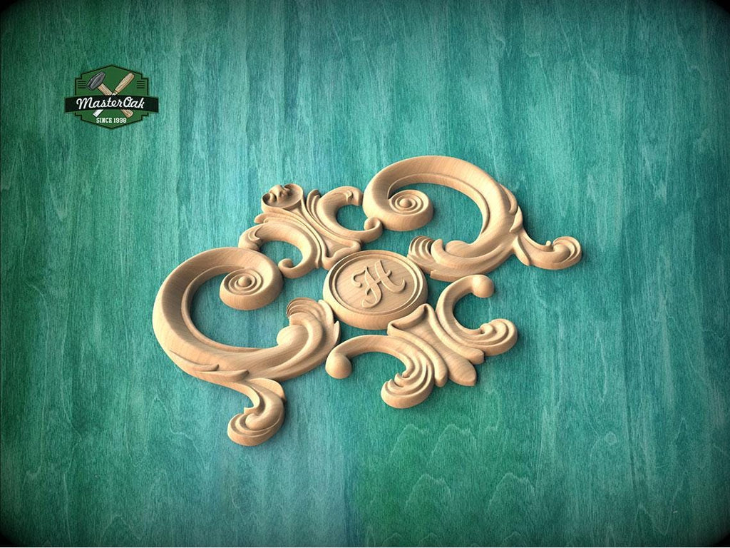 Personalized Regal Elegance: Ornamental Wooden Crest Applique, 1pc, Unpainted, Decorative Wood Trim, Wood Carved Applique Onlay