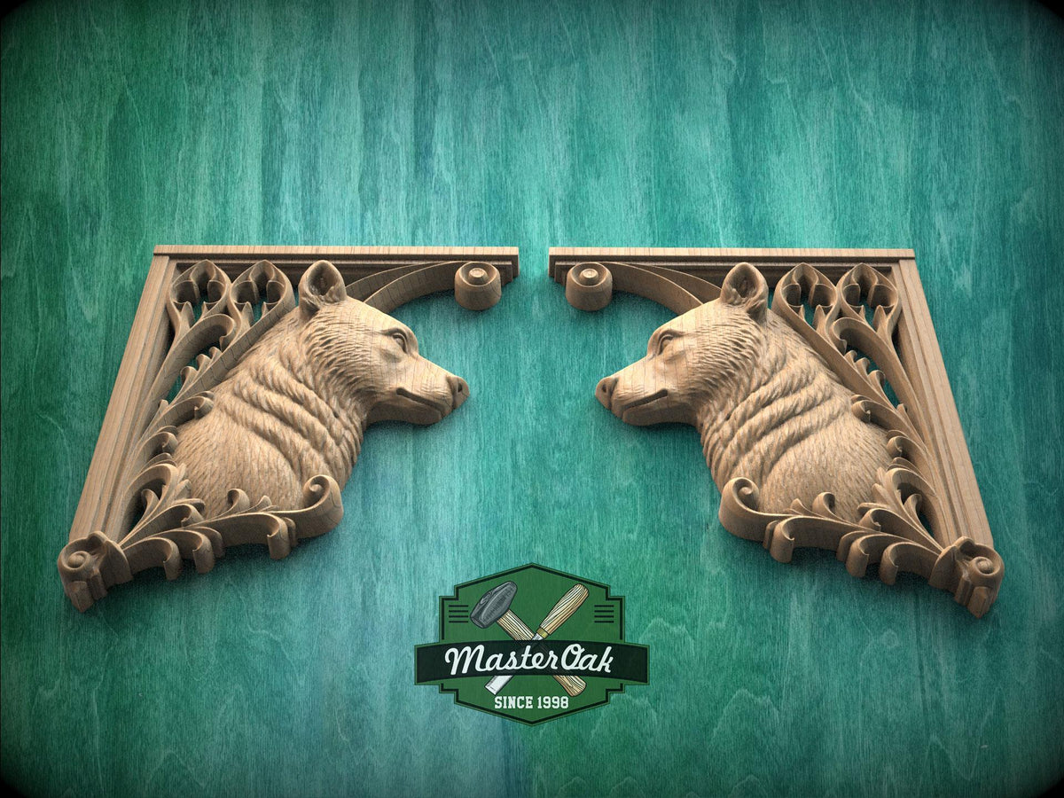 Carved Wood Bear Corner Onlays, Mirrored Pair with Gothic Scrollwork