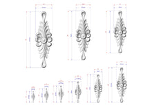 Load image into Gallery viewer, a collection of nine ornate, decorative elements, each with its own size and measurement. The elements are designed in a symmetrical and intricate manner, showcasing the craftsmanship and attention to detail. The image is a collage of various sizes and shapes, with each element providing a unique perspective and dimension to the overall composition.
