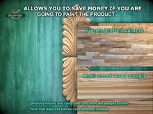 Load image into Gallery viewer, The image is a promotional advertisement for Master Oak Paint, featuring a close-up of a wooden surface with a finger-jointed sample and a multi-toned wood sample. The text on the image encourages viewers to save money by painting the product, highlighting the different textures and colors available.
