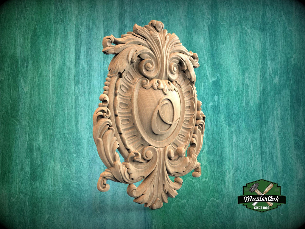 Personalized Classic Wooden Shield Onlay, Artisanal Baroque Flourishes for Interiors, 1 pc, Unpainted, Home Wall Decor, wooden trims