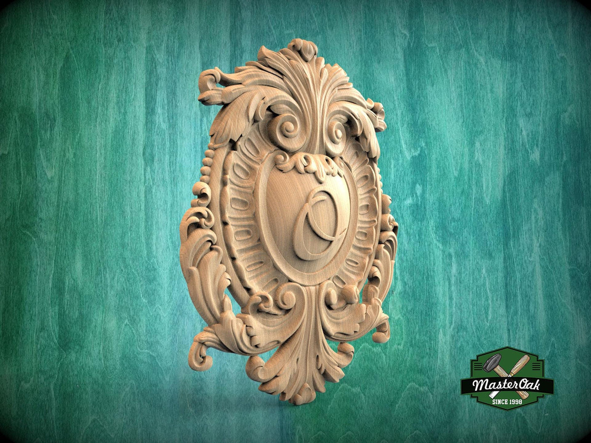 Personalized Classic Wooden Shield Onlay, Artisanal Baroque Flourishes for Interiors, 1 pc, Unpainted, Home Wall Decor, wooden trims