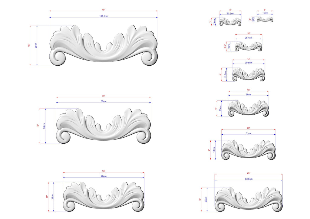 a collection of various sizes of decorative scrollwork or ornamental designs, each with its own unique measurements and scale. The designs are depicted in a detailed and realistic manner, showcasing the intricate details and craftsmanship involved in their creation.