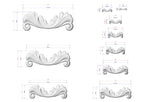 a collection of various sizes of decorative scrollwork or ornamental designs, each with its own unique measurements and scale. The designs are depicted in a detailed and realistic manner, showcasing the intricate details and craftsmanship involved in their creation.