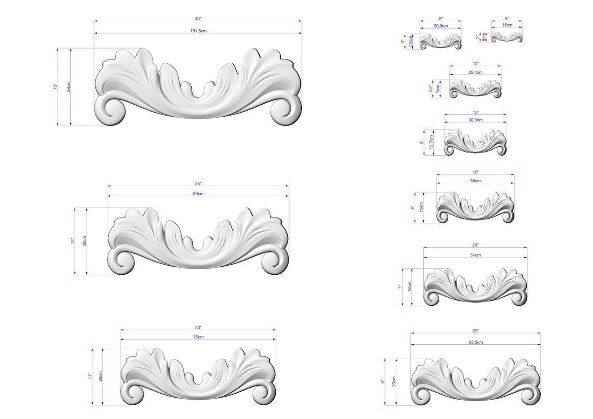 a collection of various sizes of decorative scrollwork or ornamental designs, each with its own unique measurements and scale. The designs are depicted in a detailed and realistic manner, showcasing the intricate details and craftsmanship involved in their creation.