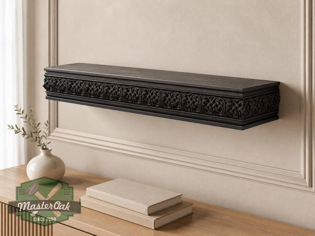 Carved Solid Oak Wall Shelf with Celtic Knot Pattern, Ornate Floating Shelf, Decorative Wood Display Shelf, Traditional Home Decor