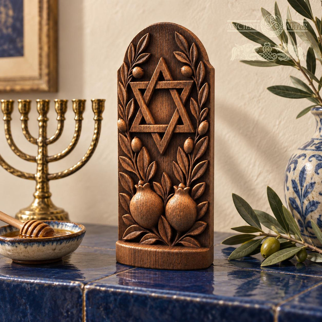 Star of David Oak Wood Sculpture with Olive Branches and Pomegranates, Judaica Home Decor, Jewish Wedding and Housewarming Gift