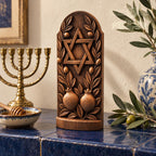 Star of David Oak Wood Sculpture with Olive Branches and Pomegranates, Judaica Home Decor, Jewish Wedding and Housewarming Gift