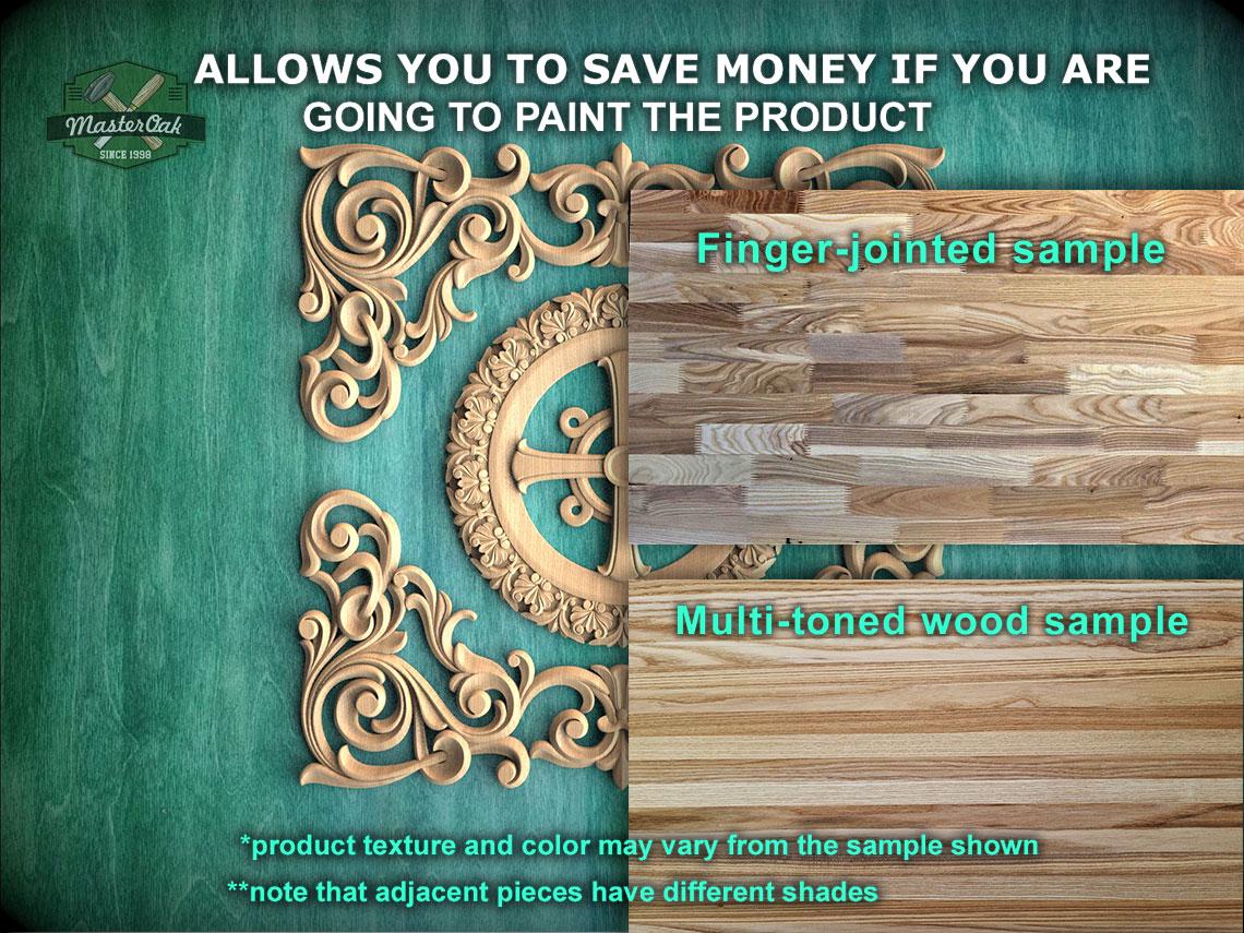The image is a promotional advertisement for Master Oak Paint, showcasing a variety of wood samples. It features a wooden panel with a decorative design, a finger-joined sample, and a multi-toned wood sample. The text on the image provides information about the product, including the possibility of saving money by painting the product, the sample's texture and color, and the fact that adjacent pieces have different shades.