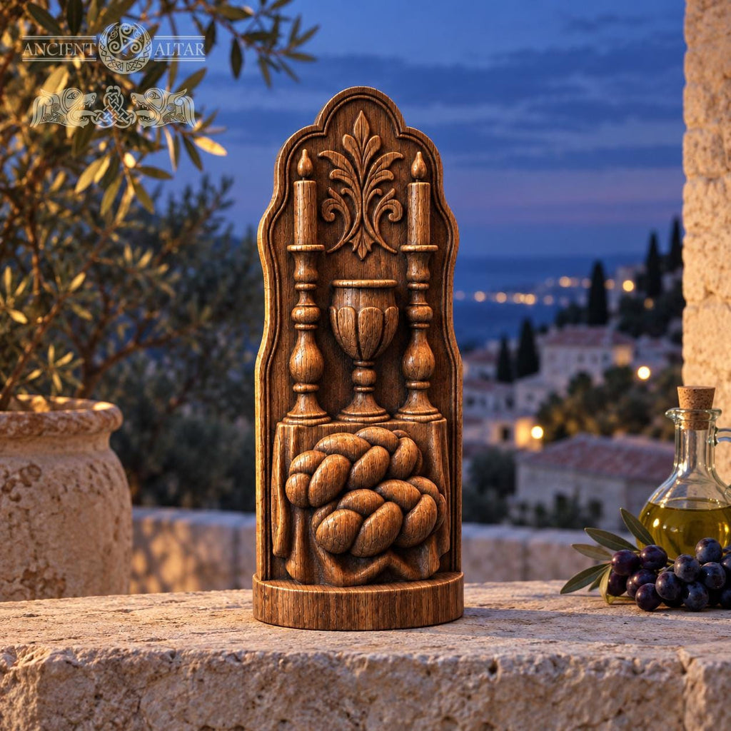 Shabbat Table Oak Wood Sculpture, Challah Kiddush Cup and Candles Relief, Judaica Home Decor, Jewish Wedding Gift
