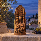Shabbat Table Oak Wood Sculpture, Challah Kiddush Cup and Candles Relief, Judaica Home Decor, Jewish Wedding Gift