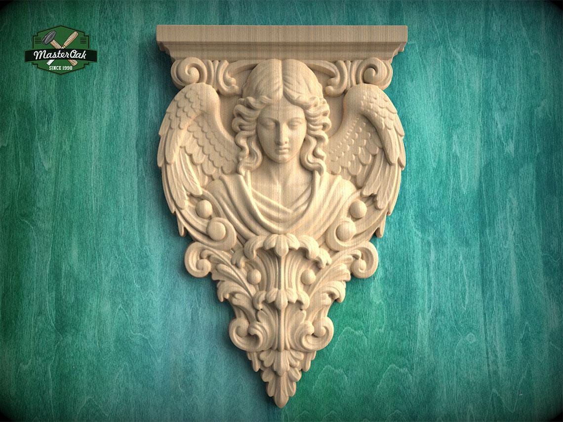 Carved Wood Angel Wall Applique with Wings and Acanthus Scrollwork