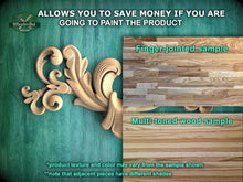 Load image into Gallery viewer, The image is a promotional advertisement for Master Oak, a company that specializes in painting products. It features a close-up of a wooden surface with a decorative scrollwork design, along with a sample of multi-toned wood and a finger-jointed sample. The advertisement highlights that the product texture and color may vary from the sample shown, and that adjacent pieces have different shades.
