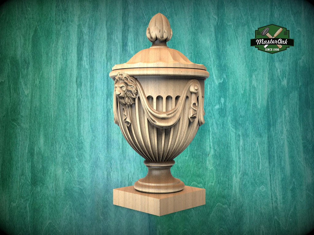 Classical Newel Post  Lion Head Finial – Decorative Post Topper in Vase Form , Urn-Shaped Lion Head Topper