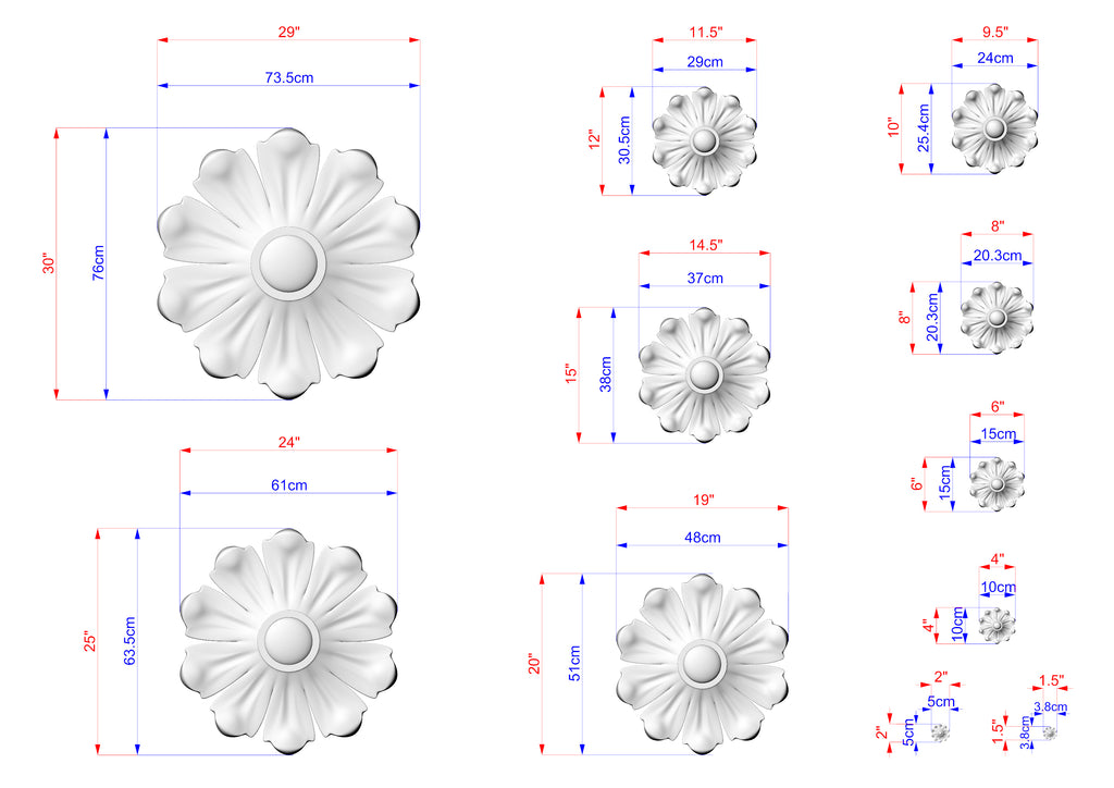 various sizes of white flower-shaped designs, each with its own set of measurements and dimensions. The sizes range from small to large, and the designs are arranged in a grid-like pattern.