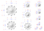 various sizes of white flower-shaped designs, each with its own set of measurements and dimensions. The sizes range from small to large, and the designs are arranged in a grid-like pattern.