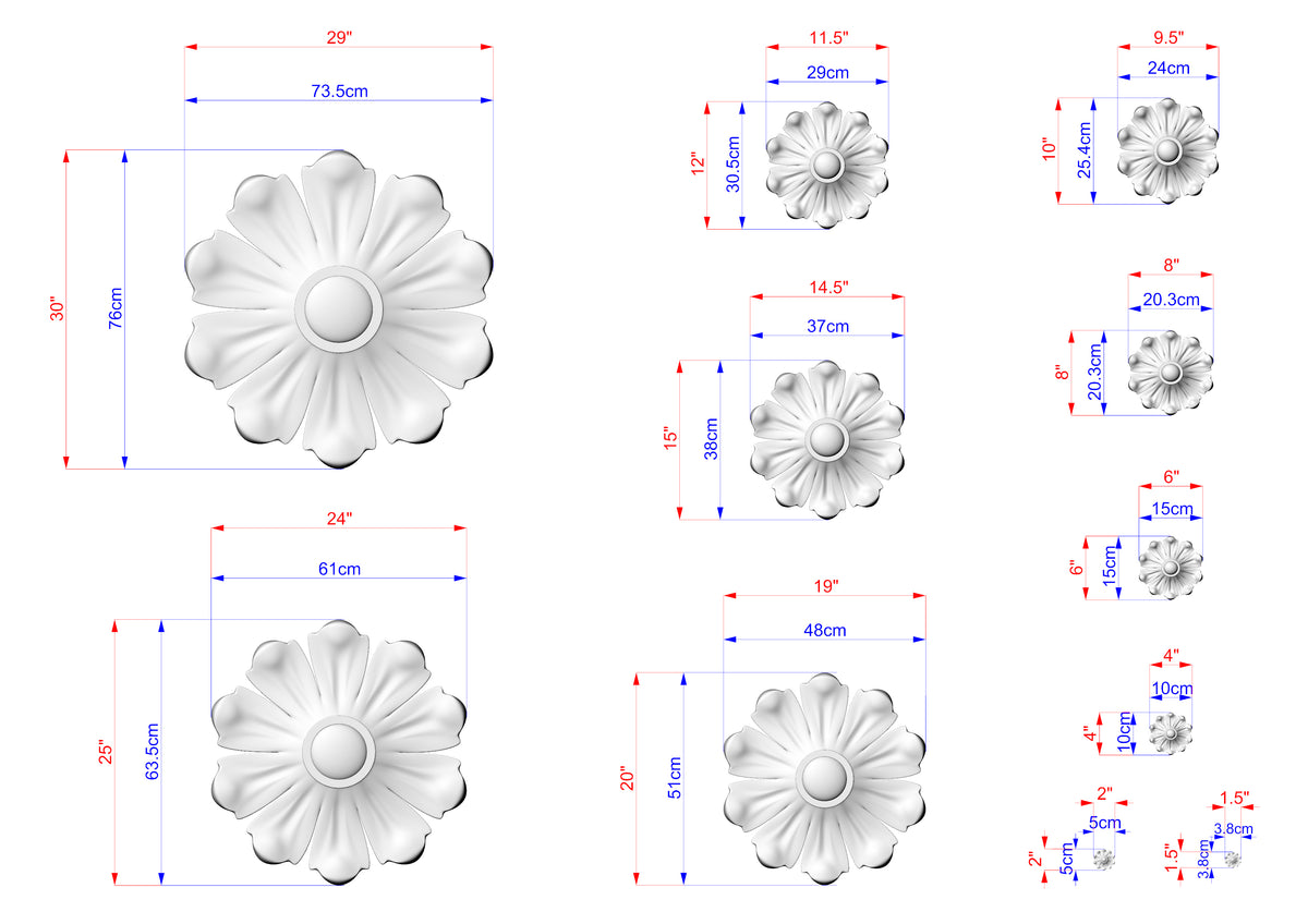 various sizes of white flower-shaped designs, each with its own set of measurements and dimensions. The sizes range from small to large, and the designs are arranged in a grid-like pattern.