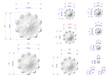 Load image into Gallery viewer, various sizes of white flower-shaped designs, each with its own set of measurements and dimensions. The sizes range from small to large, and the designs are arranged in a grid-like pattern.
