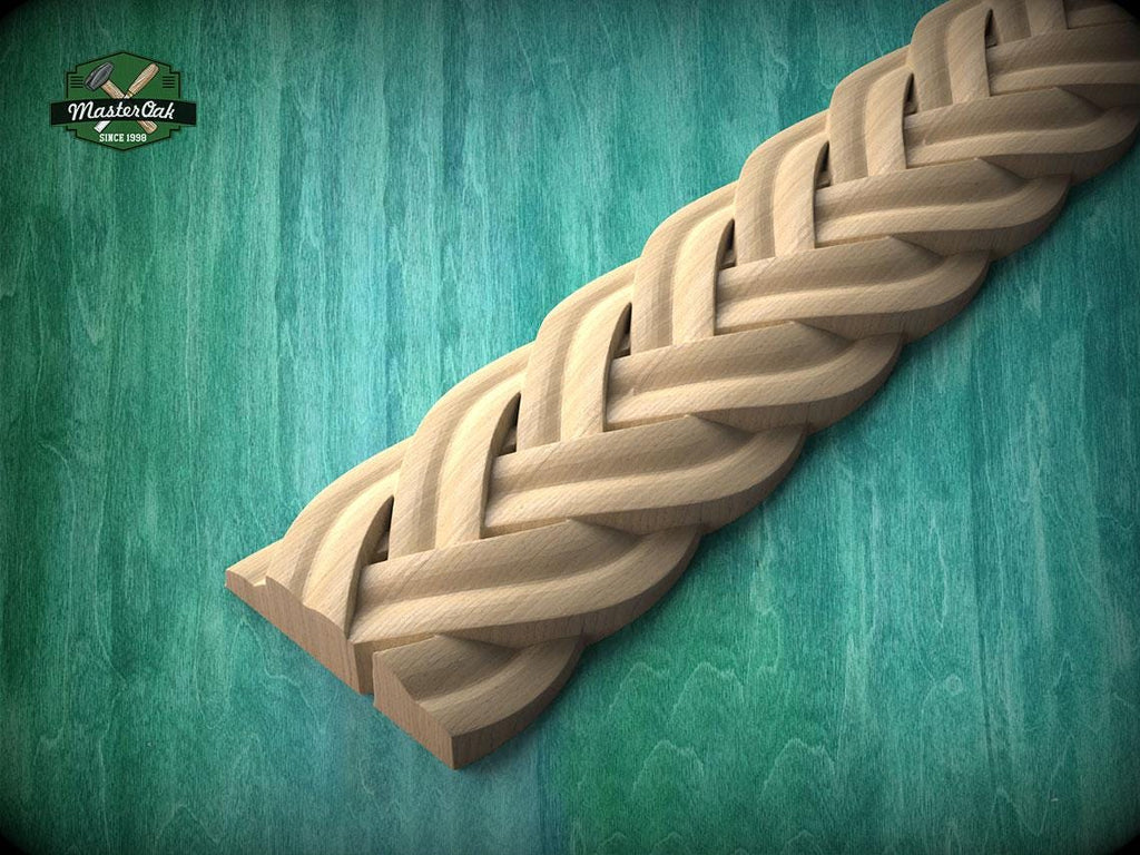 A wooden braided design on a green wooden surface, with a logo for Master Oak visible in the top left corner.