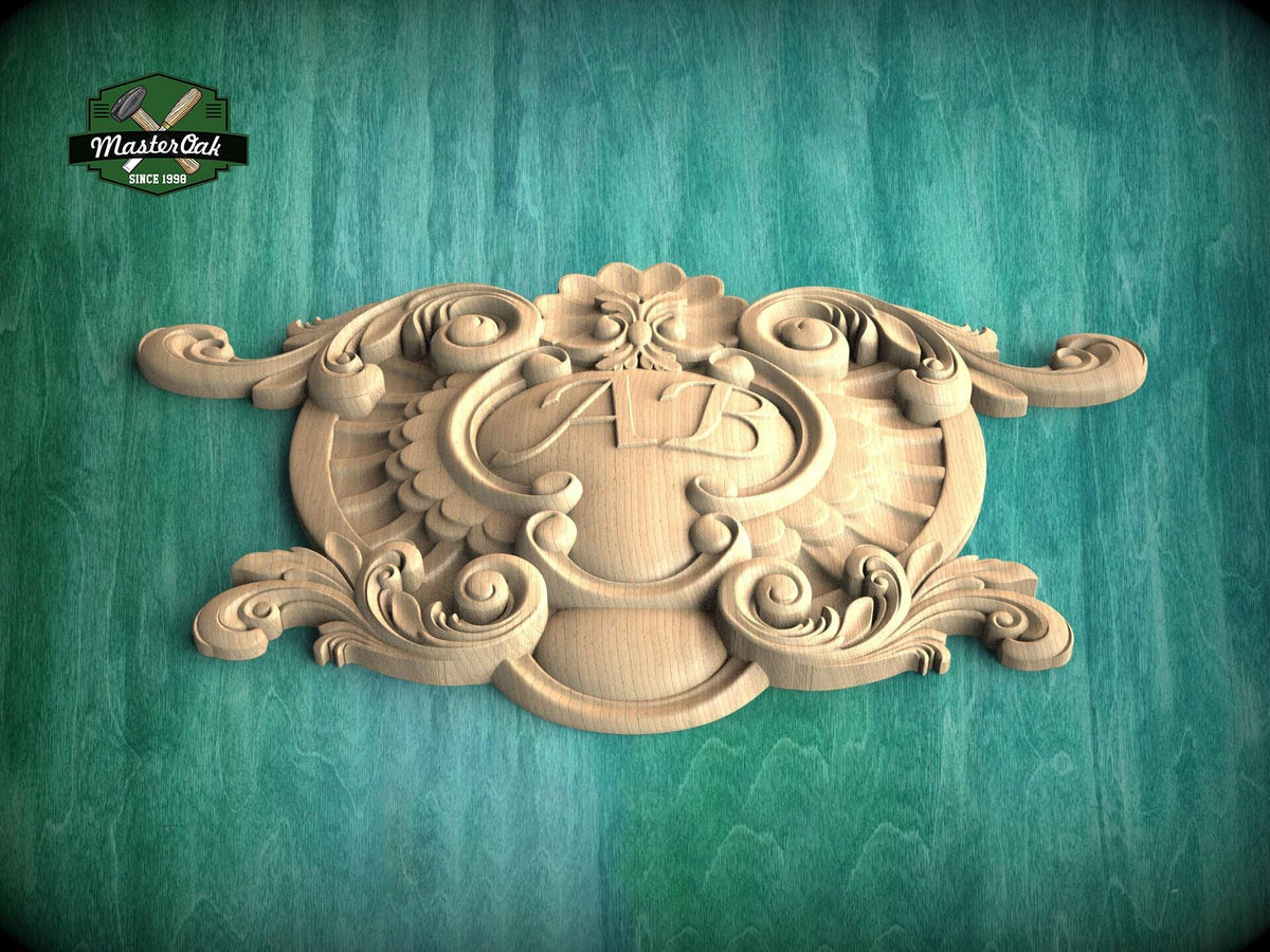 Personalized Antique Style Natural Wood Onlay - Detailed Scroll and Floral Central Overlay, 1pc, Unpainted, carved decoration, wooden onlay