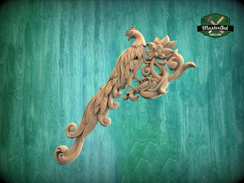 Peacock in Bloom Wood Carving – Elegant Corner Decor Element, 1 pc, Unpainted, Home Wall Embellishments, Furniture Carving, Wood Onlays