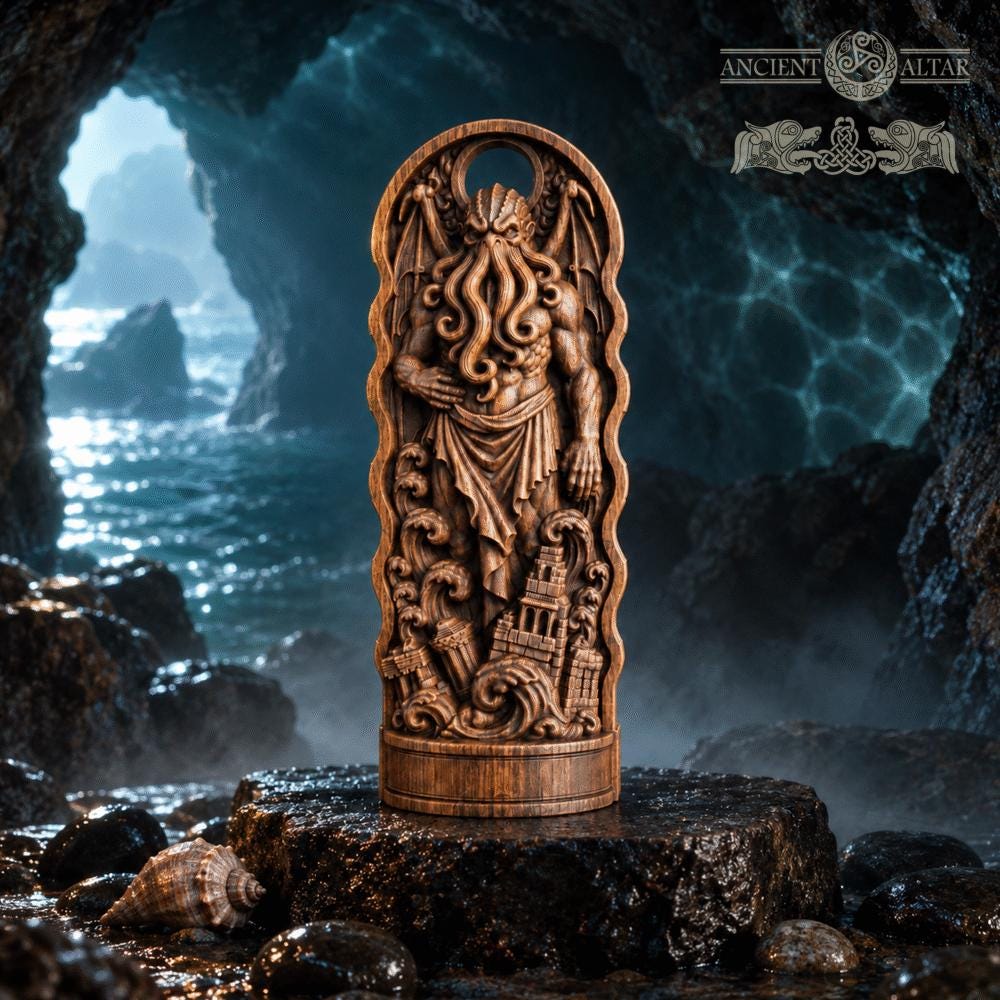 Cthulhu Wooden Statue, Lovecraftian Cosmic Horror Sculpture, Eldritch Altar Decor, Gothic Oak Figurine, Horror Lover Gift