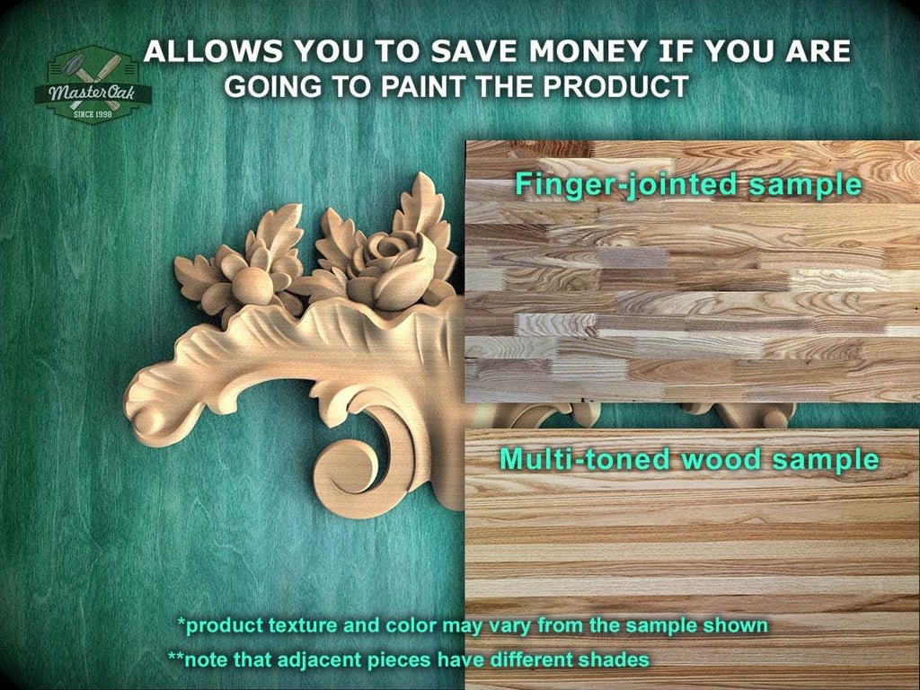 The image is a promotional advertisement for Master Oak, a company that specializes in painting wooden products. It features a close-up of a wooden carving and a sample of multi-toned wood, along with text providing information about the product.