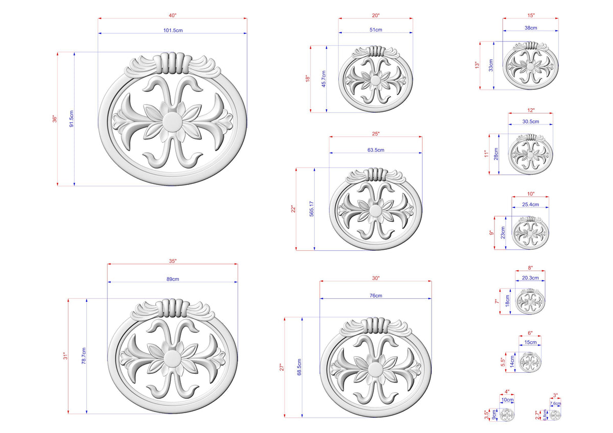 multiple images of a decorative metal piece, possibly a sculpture or a ring, with detailed measurements and dimensions provided. The images are arranged in a grid format, with each image being a smaller version of the larger piece. The images are labeled with their respective measurements, allowing for a clear understanding of the piece's size and design.
